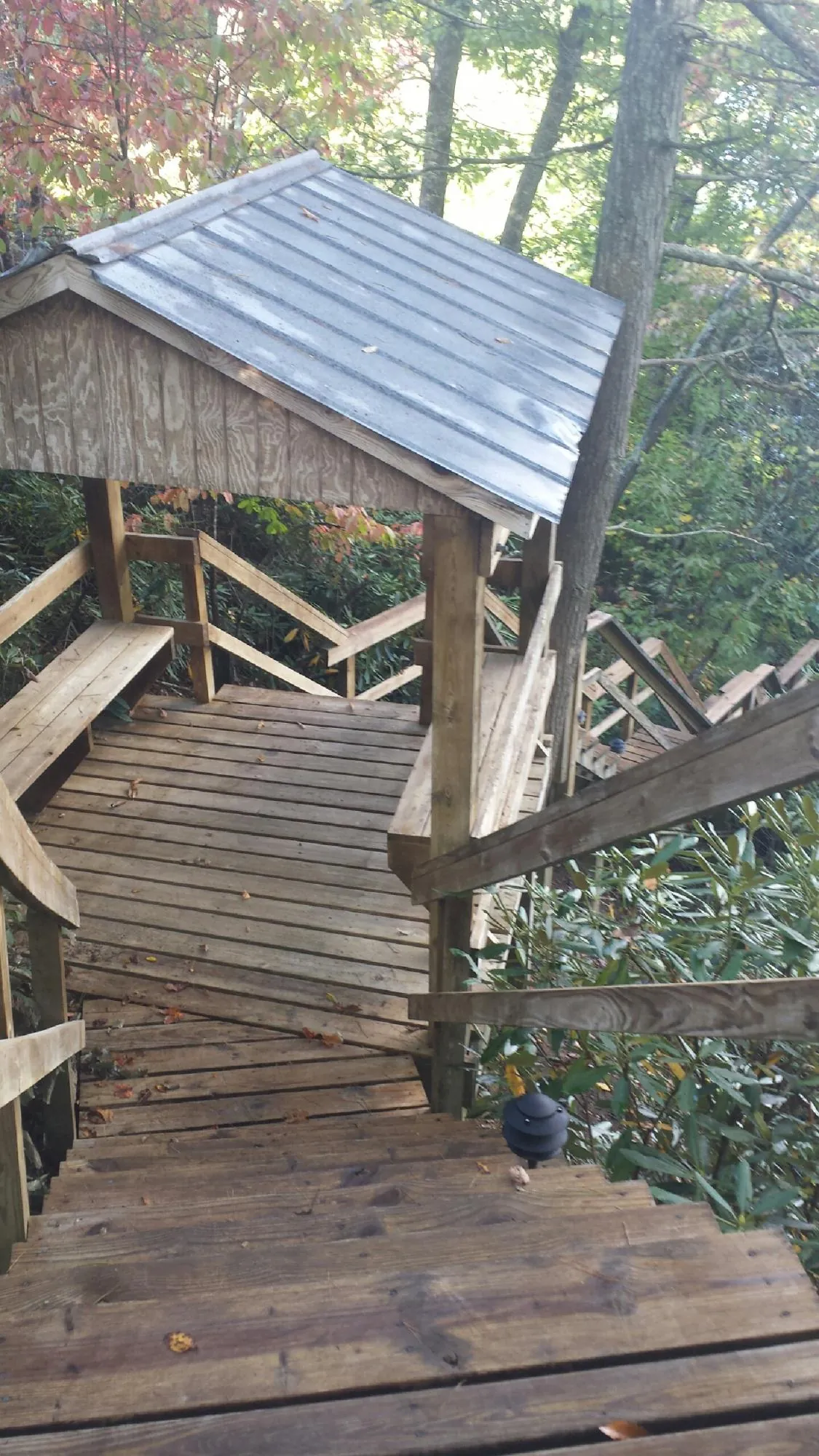 Metal roofed shelter over wooden steps on a wooded walkway — Skylight Repair & Installation work by our crew in Mineral Point